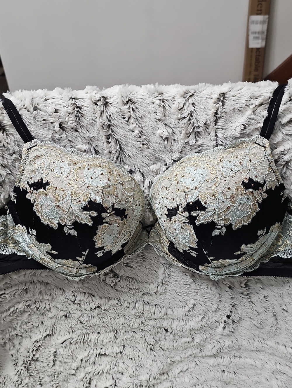 Victoria's Secret Black Bra with Cream and Light Blue Lace Embroidery